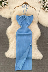 Robe moulante en tricot sans bretelles avec fente haute sur les hanches